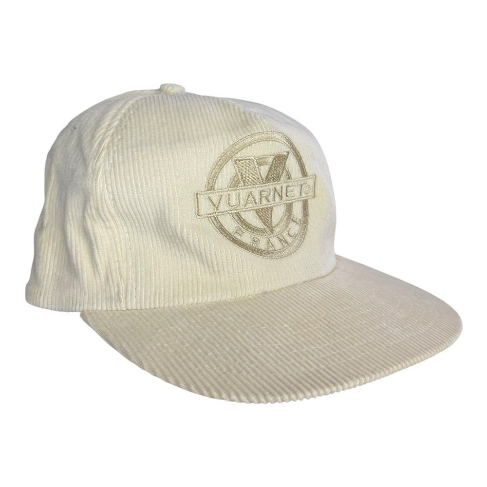 Vintage Vuarnet France Corduroy Snapback Hat Cream 100% Cotton Logo Cap 80s 90s